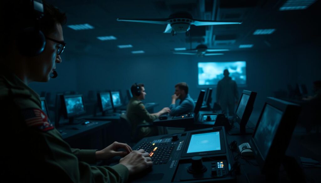 A dimly lit military training facility, with a group of drone operators intently focused on the control panels and screens before them. The space is filled with the soft glow of monitors, the air thick with a sense of purpose and concentration. In the foreground, a pilot in full uniform leans over a console, fingers deftly maneuvering the controls as they guide a simulated drone through a complex mission. In the middle ground, several trainees sit at adjacent stations, their brows furrowed in deep thought as they practice flight maneuvers and target acquisition. The background is hazy, with the shadowy outlines of additional equipment and the faint outlines of other personnel, creating a sense of a bustling, high-tech environment dedicated to the art of drone warfare. A dimly lit military training facility, with a group of drone operators intently focused on the control panels and screens before them. The space is filled with the soft glow of monitors, the air thick with a sense of purpose and concentration. In the foreground, a pilot in full uniform leans over a console, fingers deftly maneuvering the controls as they guide a simulated drone through a complex mission. In the middle ground, several trainees sit at adjacent stations, their brows furrowed in deep thought as they practice flight maneuvers and target acquisition. The background is hazy, with the shadowy outlines of additional equipment and the faint outlines of other personnel, creating a sense of a bustling, high-tech environment dedicated to the art of drone warfare.