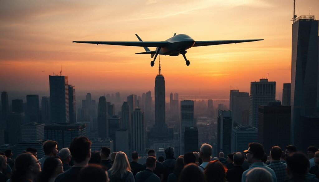 A sprawling cityscape, its skyscrapers casting long shadows as a lone military drone soars overhead, its sleek, angular silhouette casting an ominous presence against the dusky sky. In the foreground, a group of concerned citizens gathers, their faces etched with apprehension as they gaze upwards, the weight of the drone's looming power palpable in the air. The scene is bathed in a warm, golden hue, lending an almost melancholic tone to the unsettling tableau, the juxtaposition of modern technology and human unease creating a sense of unease. The composition is balanced, with the drone's ominous presence anchoring the center, while the crowd's reaction occupies the lower third, creating a powerful visual statement on the public's perception of drone warfare. A sprawling cityscape, its skyscrapers casting long shadows as a lone military drone soars overhead, its sleek, angular silhouette casting an ominous presence against the dusky sky. In the foreground, a group of concerned citizens gathers, their faces etched with apprehension as they gaze upwards, the weight of the drone's looming power palpable in the air. The scene is bathed in a warm, golden hue, lending an almost melancholic tone to the unsettling tableau, the juxtaposition of modern technology and human unease creating a sense of unease. The composition is balanced, with the drone's ominous presence anchoring the center, while the crowd's reaction occupies the lower third, creating a powerful visual statement on the public's perception of drone warfare.