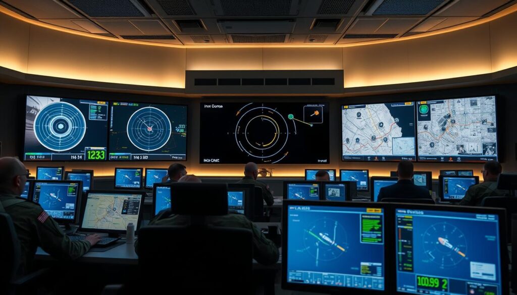 Battle Management Control center for Iron Dome with operators monitoring screens Battle Management Control center for Iron Dome with operators monitoring screens