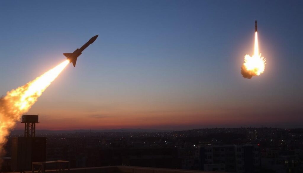Iron Dome interceptor missile launching to intercept incoming rocket over Israel