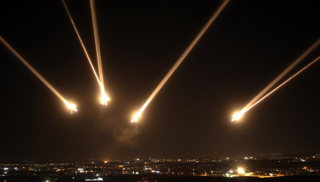 Multiple Iron Dome interceptors engaging incoming rockets at night Multiple Iron Dome interceptors engaging incoming rockets at night