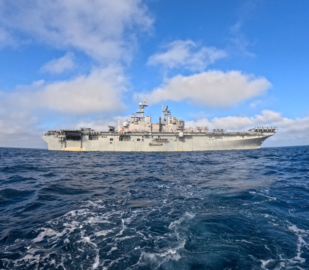 ATLANTIC OCEAN (Aug. 17, 2025) The Wasp-class amphibious assault ship USS Iwo Jima (LHD 7) conducts an anchoring evolution. Sailors and Marines of the Iwo Jima Amphibious Ready Group (IWO ARG) – 22nd MEU(SOC) departed Norfolk and Camp Lejeune, North Carolina after completing a comprehensive, nine-month training program. (U.S. Navy photo by Mass Communication Specialist Seaman Logan Goins)