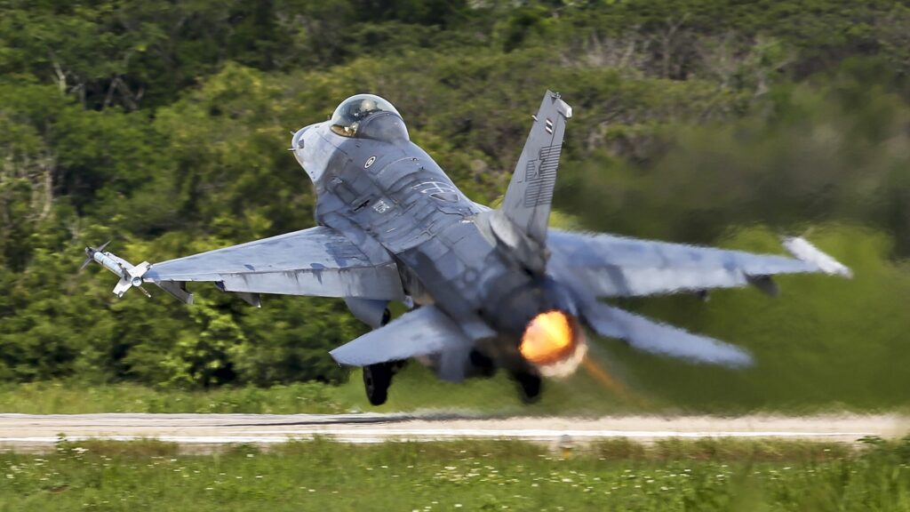 A Royal Thai Air Force F-16 takes off from the Korat Air Base runway during Exercise Thai Boomerang 2015.